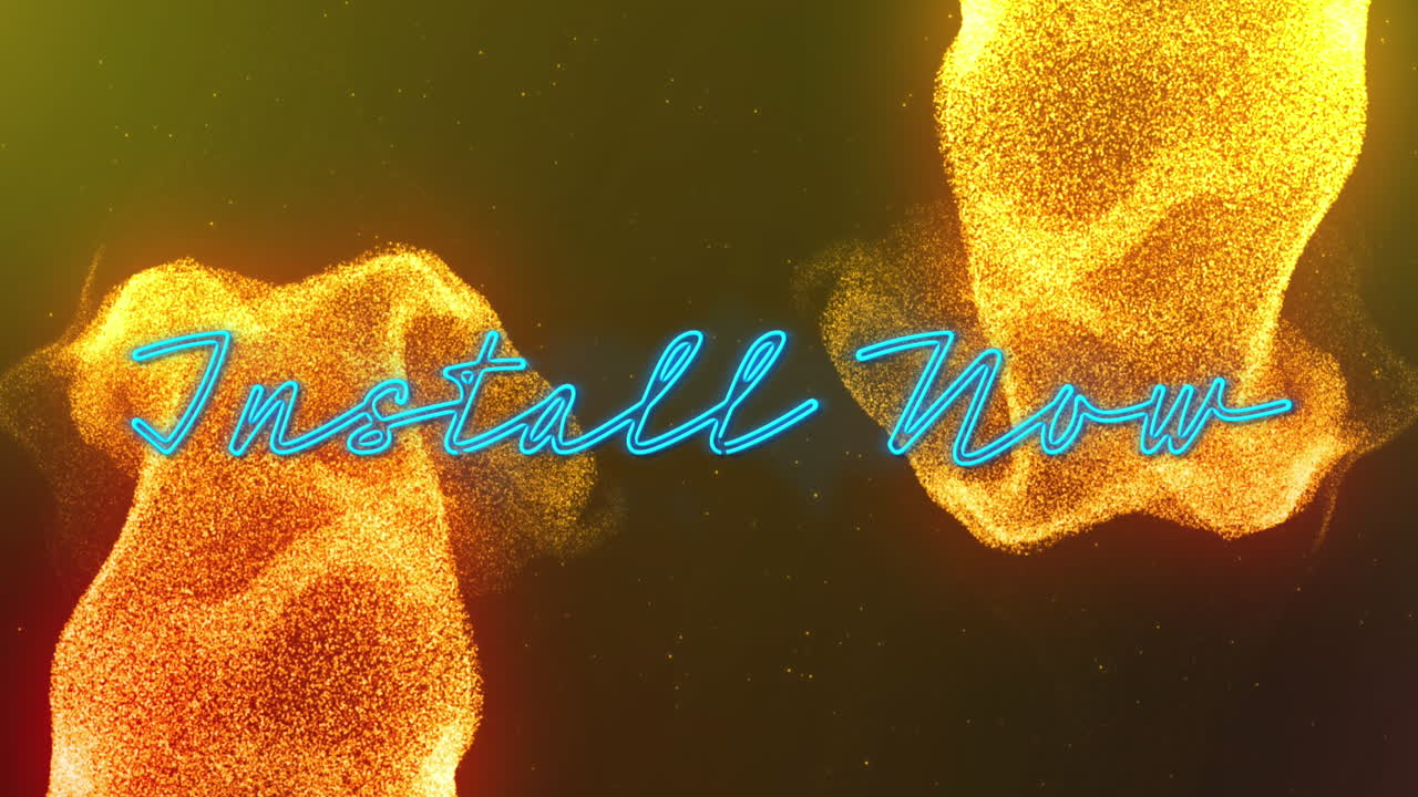 어두운 배경에 빛나는 노란색 입자 위에 파란색 네온으로 텍스트를 설치하는 애니메이션