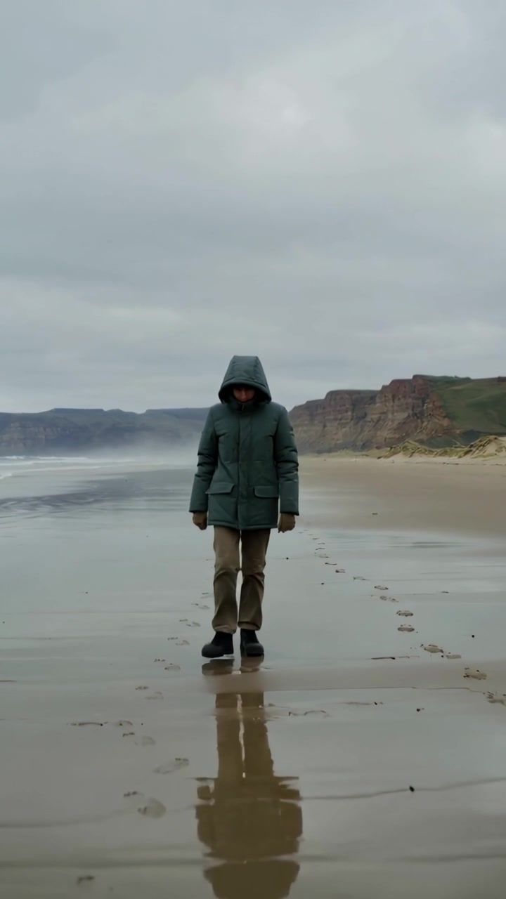 Video verticale: Figura che cammina con un parka verde, che si avvicina alla telecamera sulla sabbia bagnata, lasciando impronte.