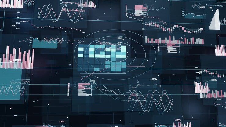 Animating center panel in dark field as data arriving rings drawing in turquoise tiles assembling