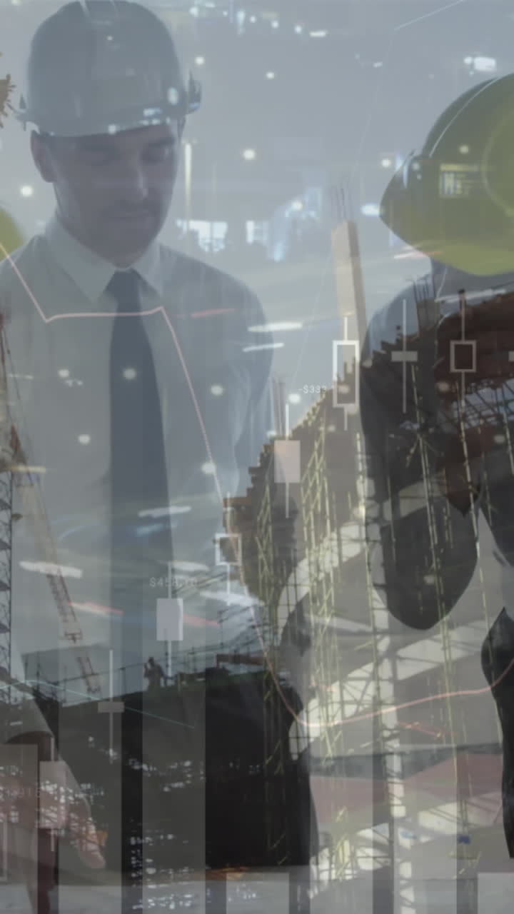 animación del procesamiento de estadísticas sobre los planos de mantenimiento de arquitectos masculinos y femeninos en el sitio de construcción