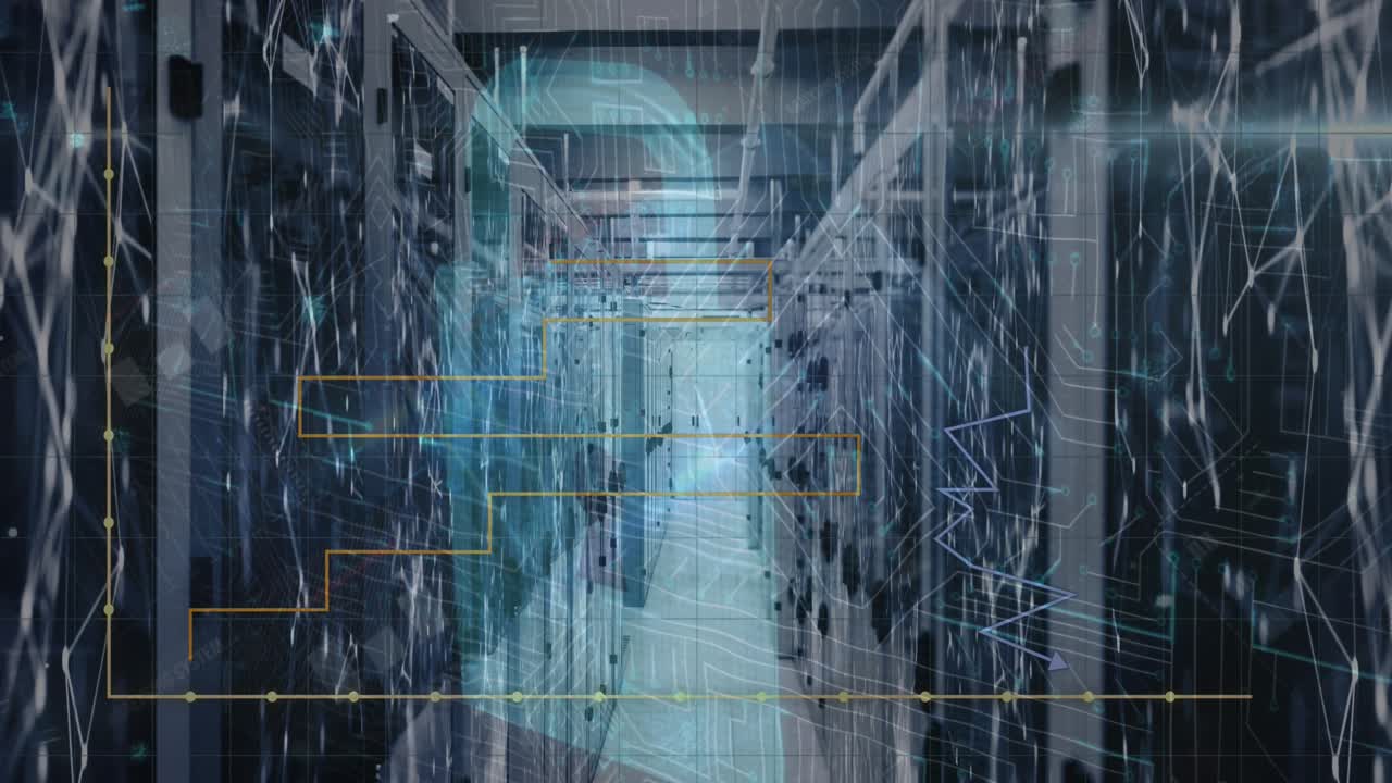 Animation of graph and padlock over dots forming geometric shapes, lens flare over server room