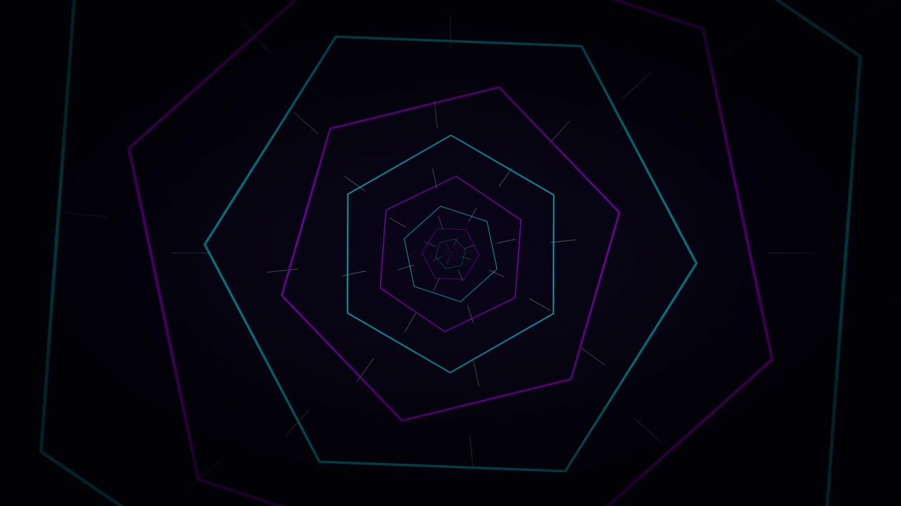 Tunnel astratto di esagoni neon luminosi che avanzano