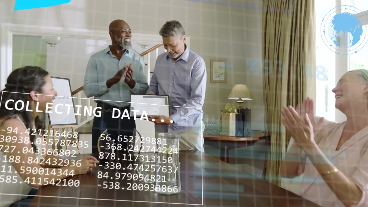 Two men handing tablet at table, presenting and sparking business data charts with team clapping