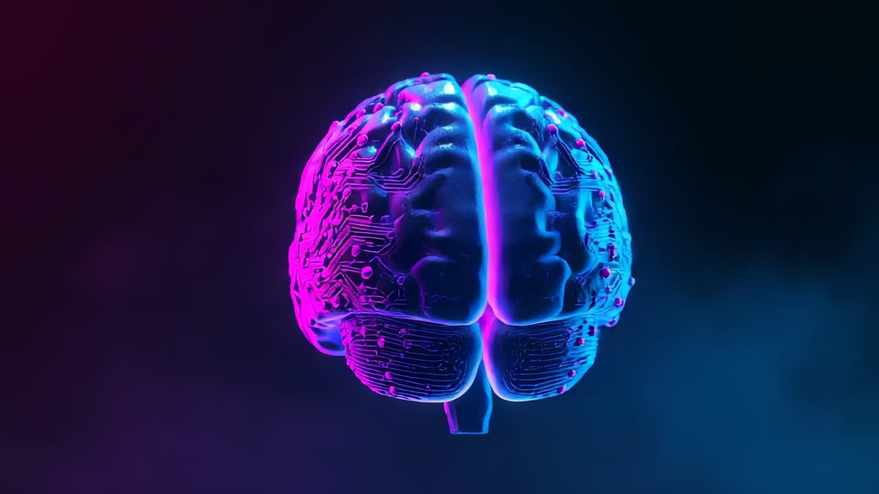 Spinning 3D brain model inside dark studio, revealing neon magenta cyan circuitry and nodal points
