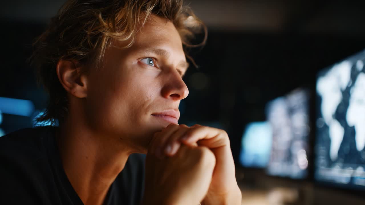 A contemplative individual engages in deep thought while observing multiple screens, highlighting the intersection of technology and introspection in a modern workspace