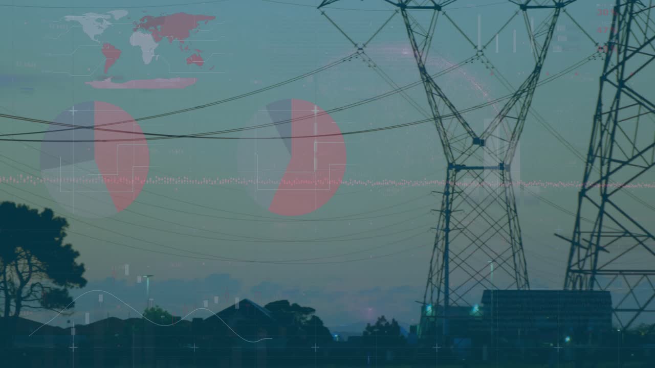 Chart overlays appearing over dusk sky then panning across poles and pylons, visualizing power data