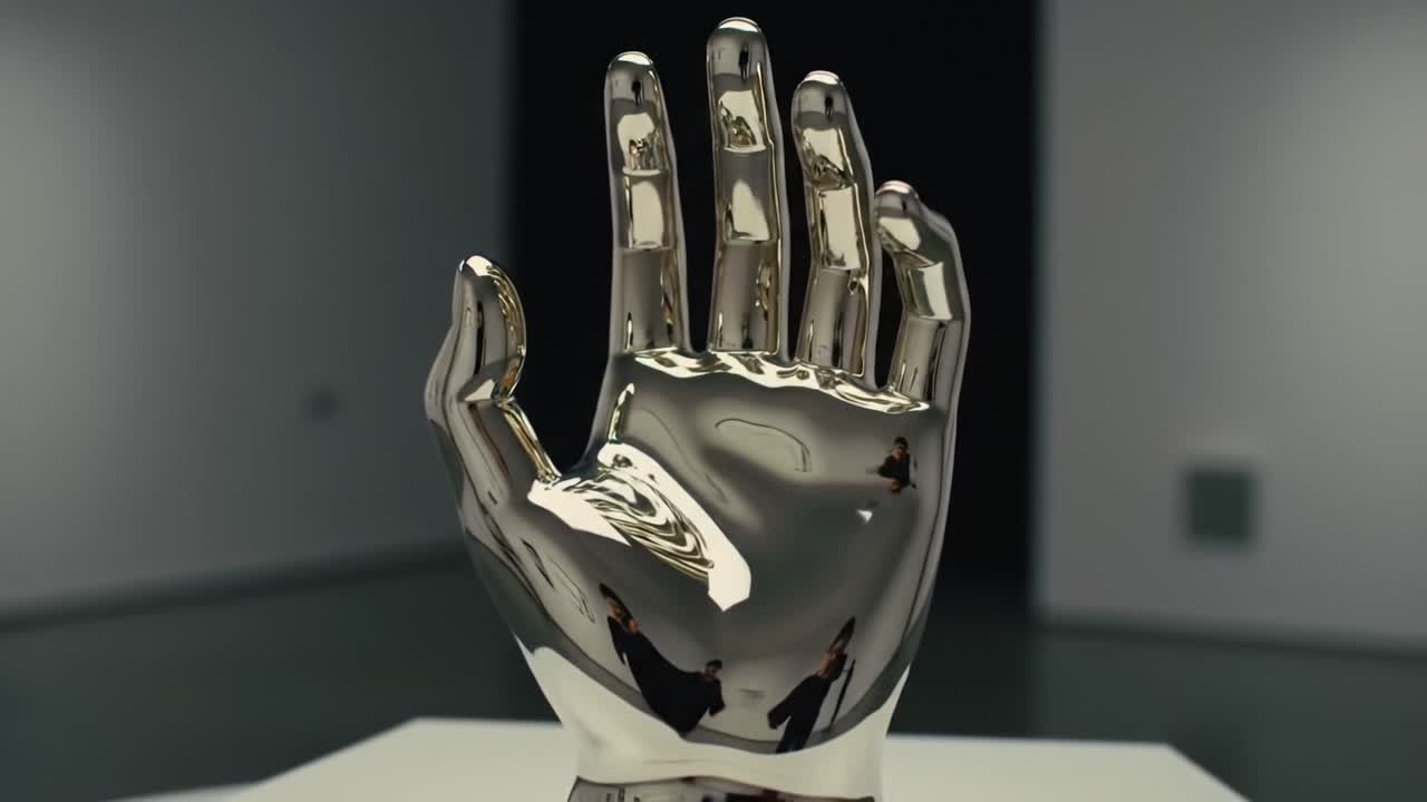 A Captivating Glance at a Stunning Metallic Sculpture of an Open Hand Showcasing Intricate Design and Reflective Surface in a Contemporary Art Space