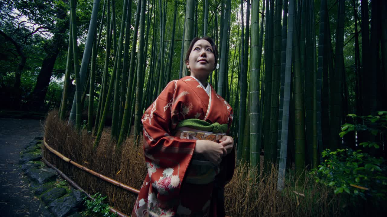 Woman in Kimono in a Bamboo Forest