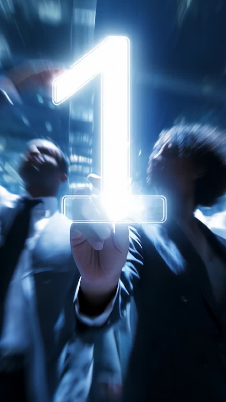 A Stylized Journey Through the Power of Number One in a Futuristic Business Environment, Highlighting Teamwork and Dynamic Interactions Among Professionals