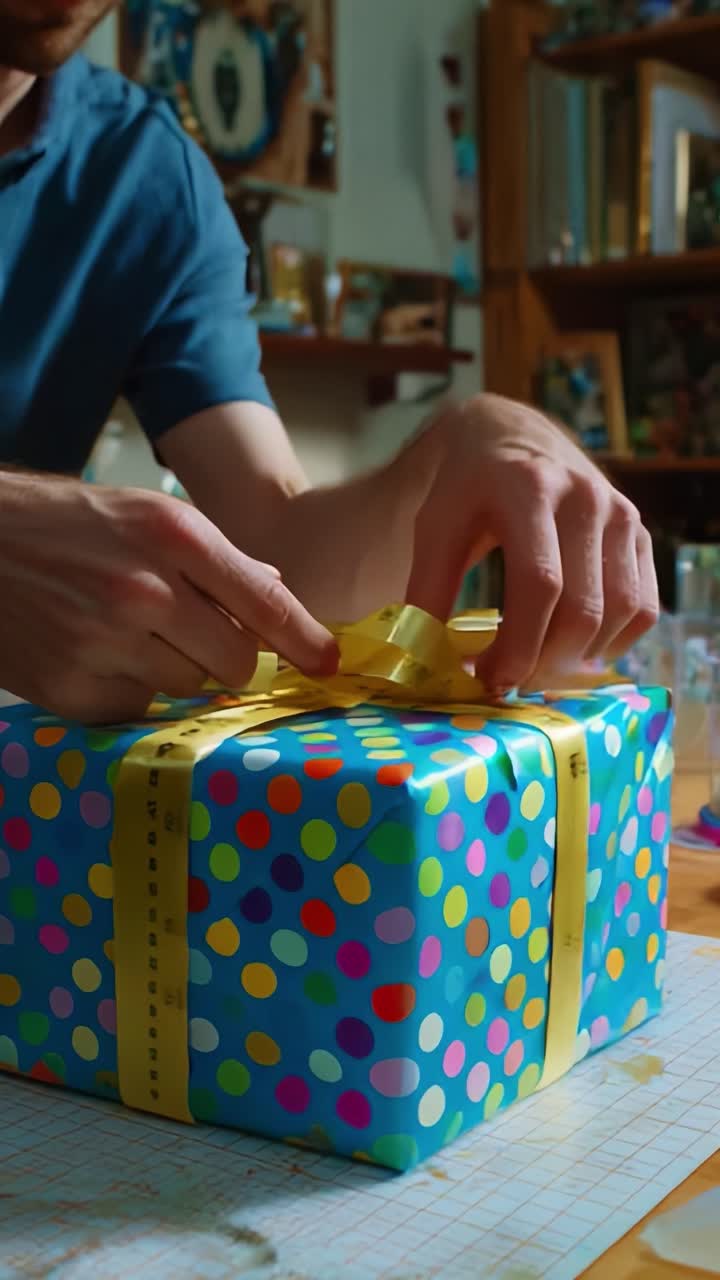 A Person Carefully Wrapping a Colorful Gift Box with Polka Dots and a Bright Yellow Ribbon, Capturing the Joyful Spirit of Gift-Giving During Special Occasions in a Cozy Indoor Setting