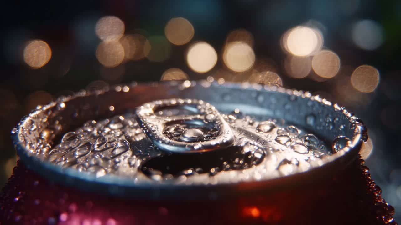 A Close-Up View of a Condensation-Covered Beverage Can with a Glimmering Background, Highlighting the Metallic Can Top and Reflective Water Droplets in an Artistic and Lively Atmosphere