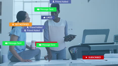 animation of notification bars, diverse colleagues with coffee and digital tablet sharing ideas