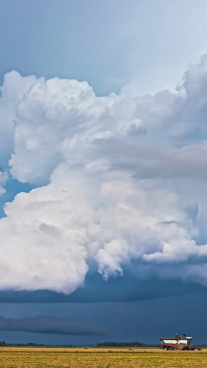 Cumulonimbus thunderstorm clouds timelapse over wheat agriculture cereal field during harvest