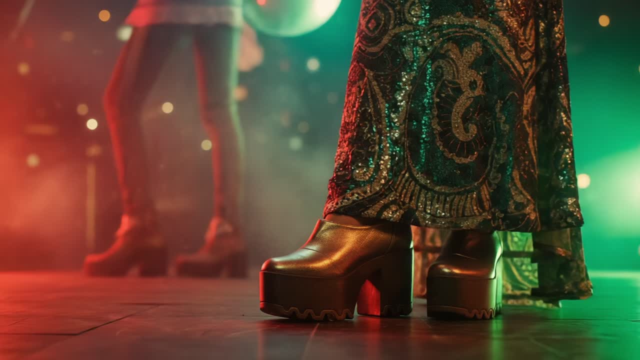 Glamour scintillante sul palco: momenti accattivanti di scarpe abbaglianti e tessuti luccicanti illuminati dalle luci colorate del palco