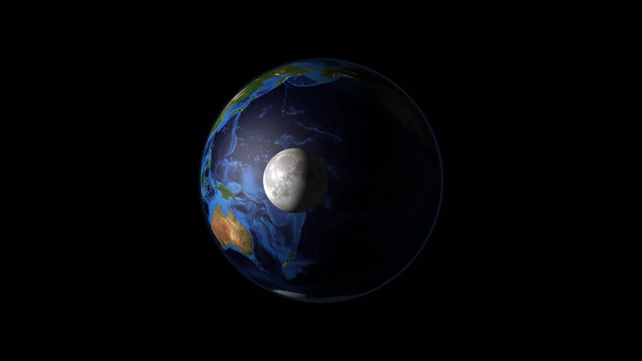 A detailed 3D animation showing the moon orbiting a rotating Earth against black space