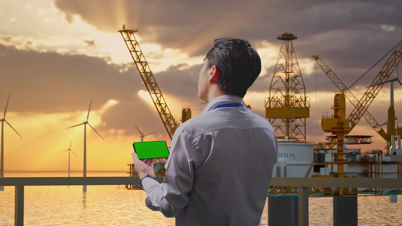 Offshore-arbejder bruger smartphone ved solnedgang