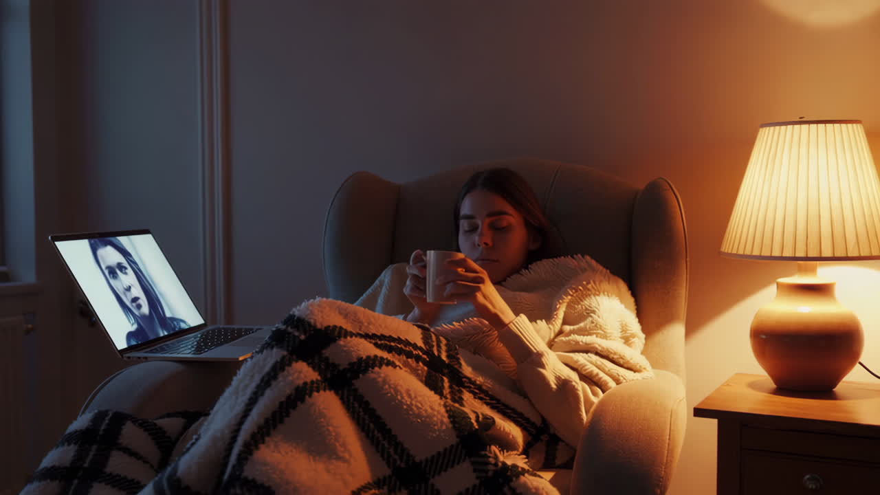 Woman Relaxing in Armchair with Blanket and Laptop During a Cozy Evening