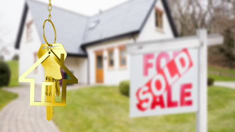 animation of gold house key fob and key, hanging in front of blurred house with sold sign