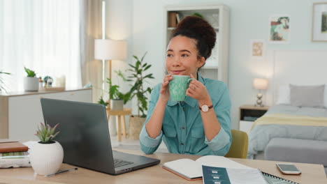 Woman,-coffee-and-remote-work-from-home-consultant