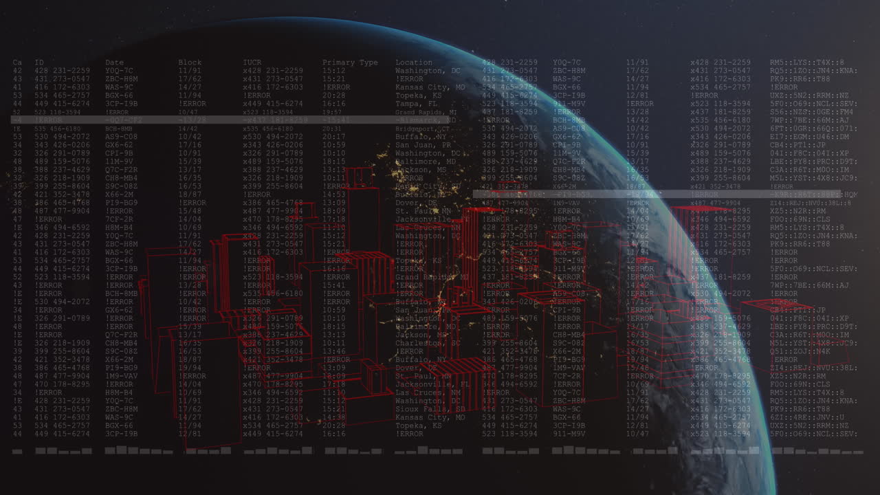 Animation of globe and financial data processing over black background