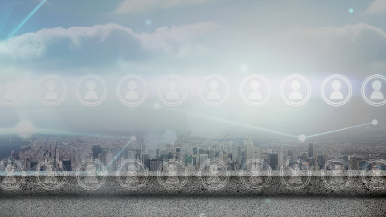 도시 풍경 위의 아이콘으로 데이터 처리의 애니메이션