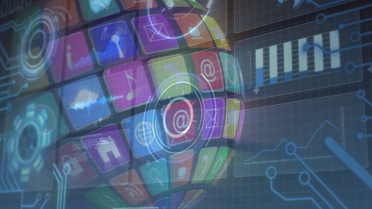 On HUD pulse app tile sphere turning right, pulsing rings highlighting icons, showing analytics