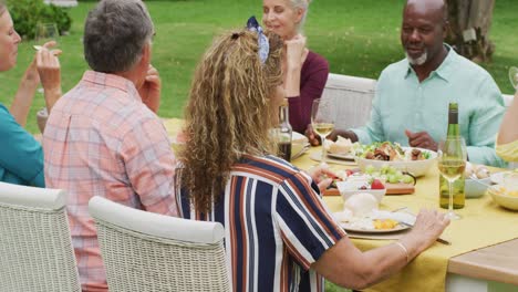 animation of diverse happy senior female and male friends eating lunch in garden