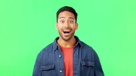 surprise, face and man in a studio with green