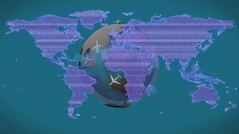 animation of rotating globe with airplane icons on digital world map overlay