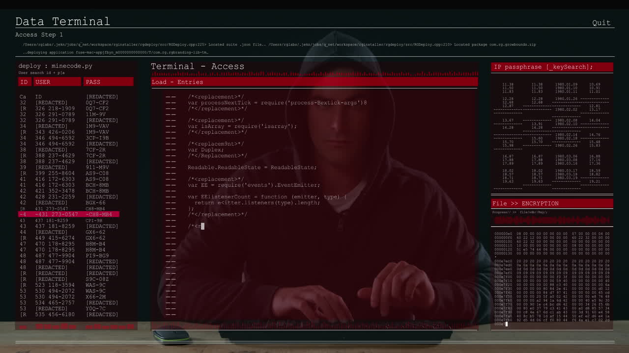 컴퓨터 화면에서 데이터 처리의 애니메이션 남성 해커가 컴퓨터를 사용하여