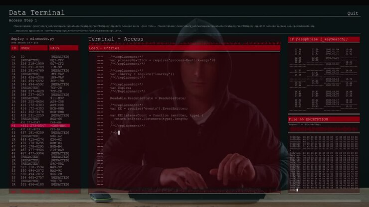 Animation of data processing on computer screens over male hacker using computer