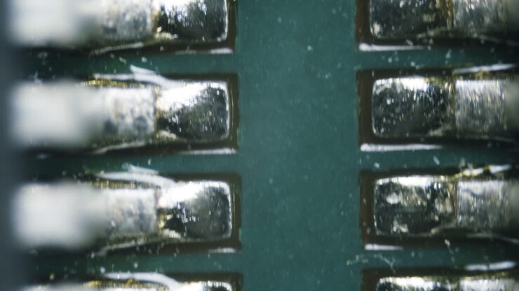 PCB circuit board soldering gold plated contacts connections under microscope