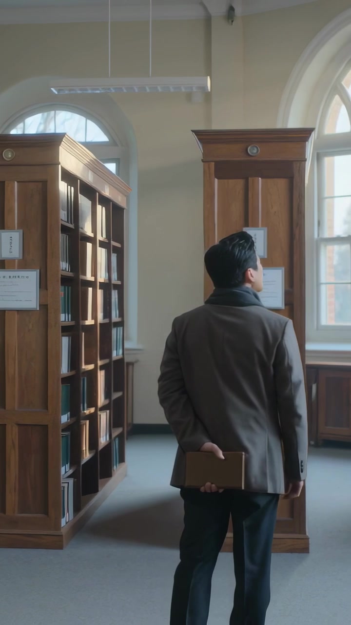 Video verticale: Uomo in cappotto che cammina, si ferma vicino a pile di oggetti, osserva una finestra ad arco e tiene un libro marrone dietro.