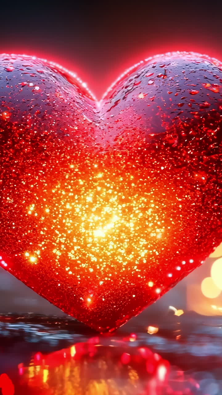 A heart with a glowing red center is surrounded by a blurry background. The heart is lit up, giving it a warm and romantic feel