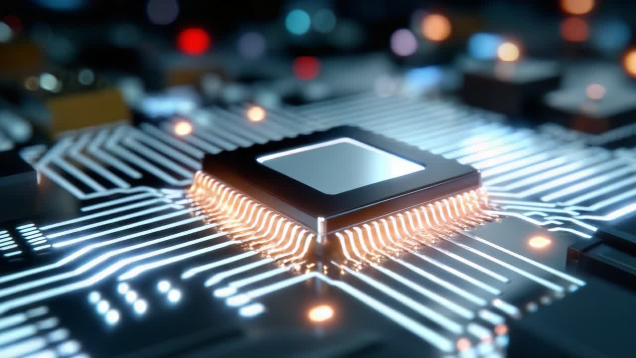 Close-up View of a Circuit Board Featuring a High-Performance Microchip Surrounded by Intricate Electrical Connections, Highlighting the Advanced Technology of Modern Electronics and Computing Systems