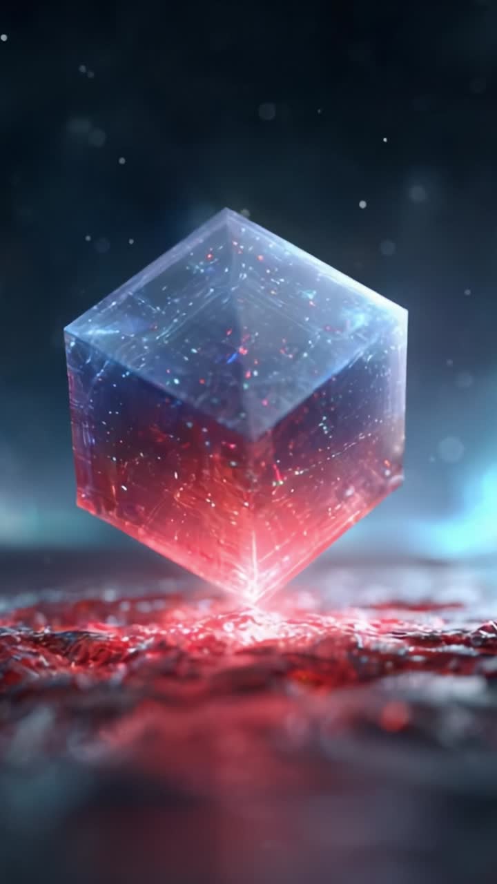 Eine beeindruckende visuelle Transformation eines schwebenden Würfels, der in einem geheimnisvollen Licht erstrahlt und von einer schimmernden roten Textur umgeben ist, festgehalten in faszinierenden Details