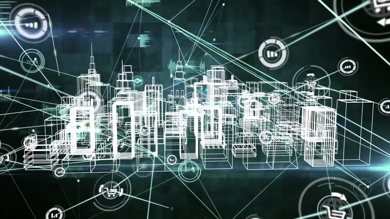 анимация сети соединений над городом