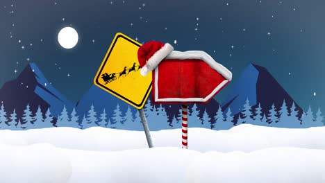 animation of snow falling over road sings and winter landscape at christmas