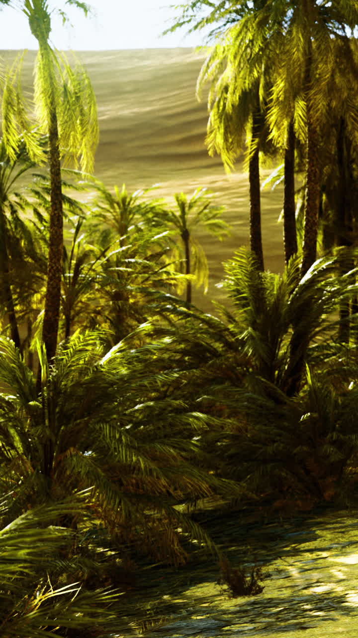 Vibrant oasis with lush vegetation and palm trees in a desert landscape