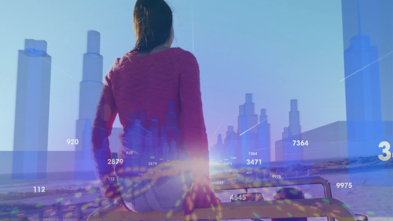 woman sitting on SUV roll bar at beach road, exploring finance graphs and data overlays