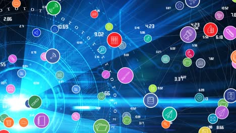 Animation-of-diverse-colorful-internet-icons-over-blue-background-with-numbers-and-connections