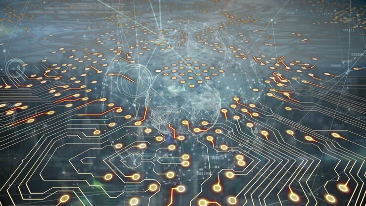 Animazione di circuito integrato su connessioni e mappamondo su paesaggio urbano