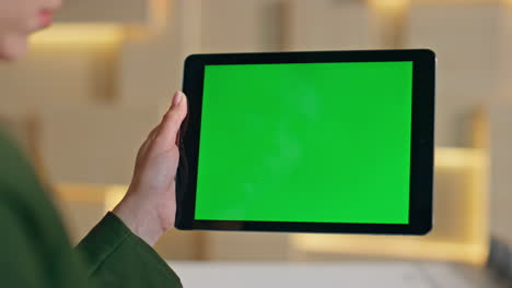 teacher watching green screen tablet at office closeup. manager looking video
