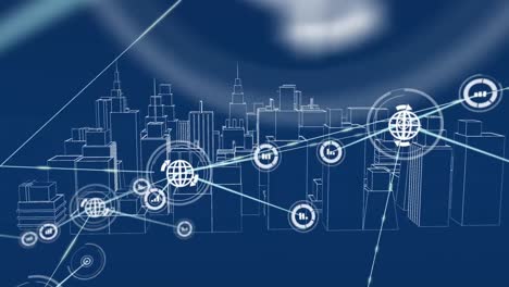 Animation-of-network-of-connections-over-metaverse-cityscape-on-blue-background