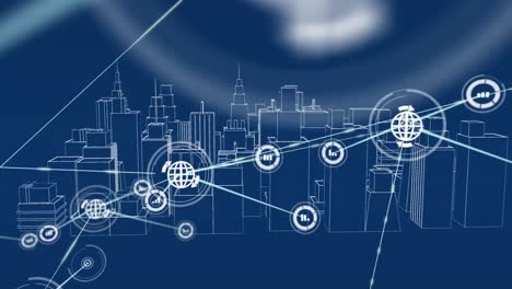 animation of network of connections over metaverse cityscape on blue background