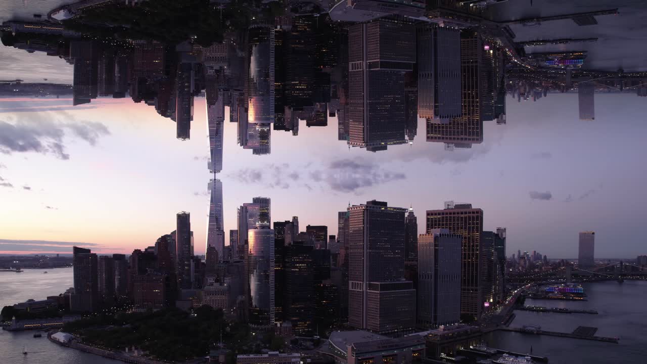 Doubling mirror effect, dramatic, sunset metropolis city reflection - CGI render