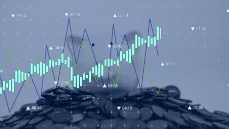 Animation-of-financial-data-processing-over-stack-of-coins