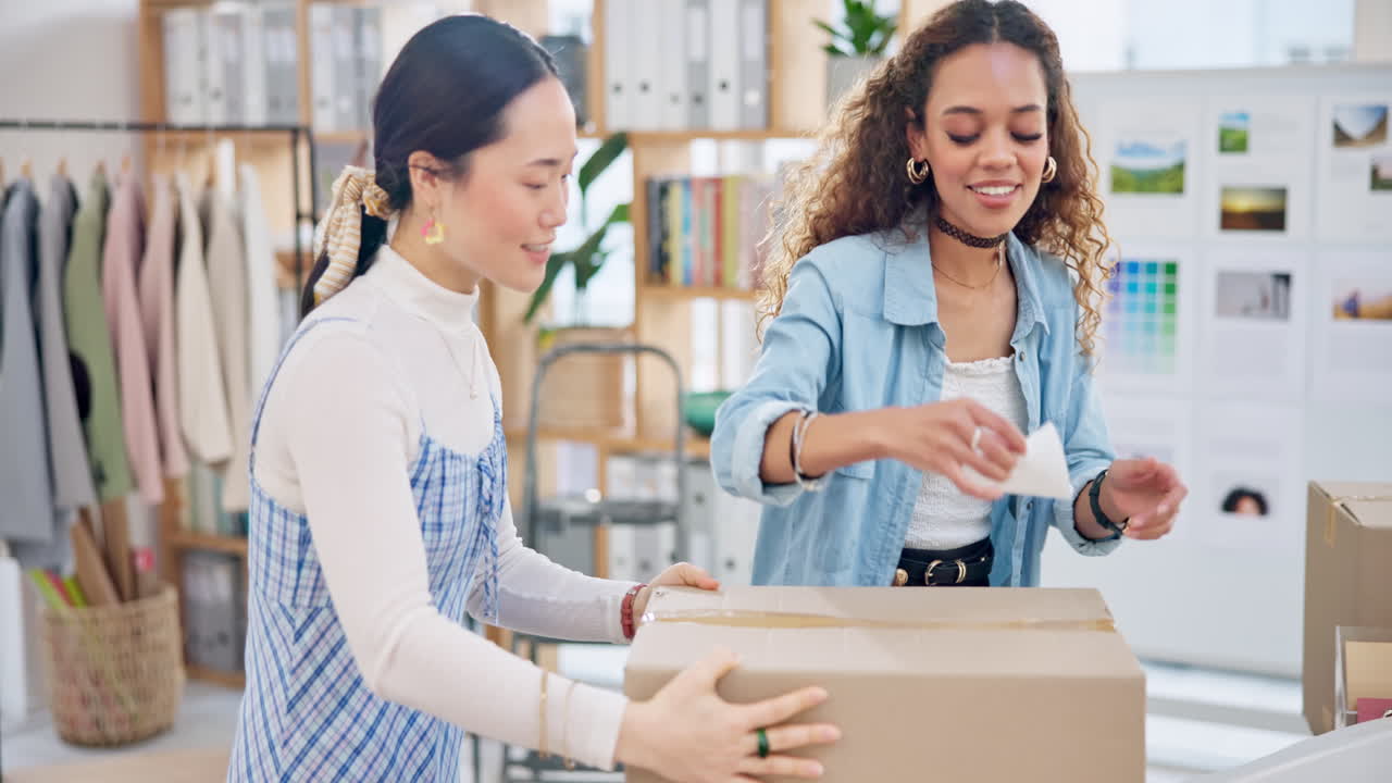 Deux femmes emballant des cartons dans un bureau