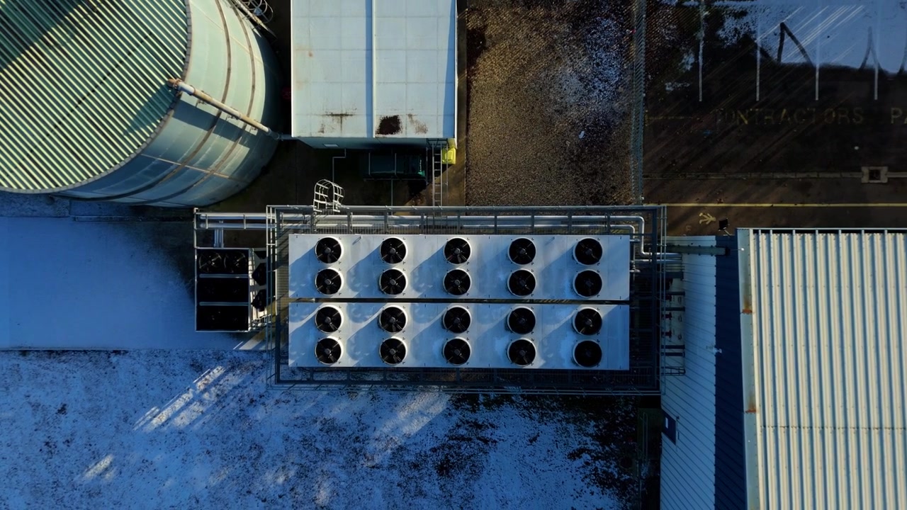 Top down perspective of a data center cooling system and exhaust fans.