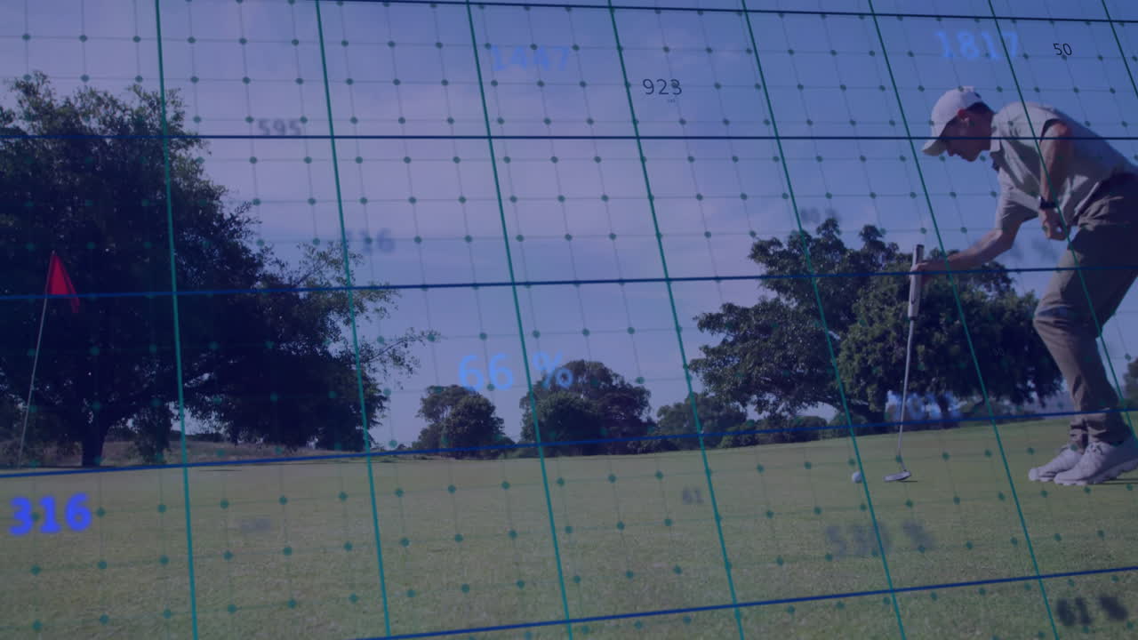 Golfer lining up putt on putting green, displaying sports technology grid with data points